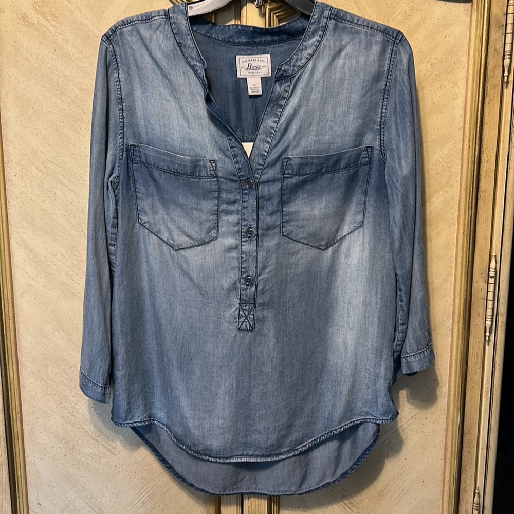 Bass Blue Denim Look River Wash Front Pocket 3/4 Tab Sleeve Tunic NEW NWT